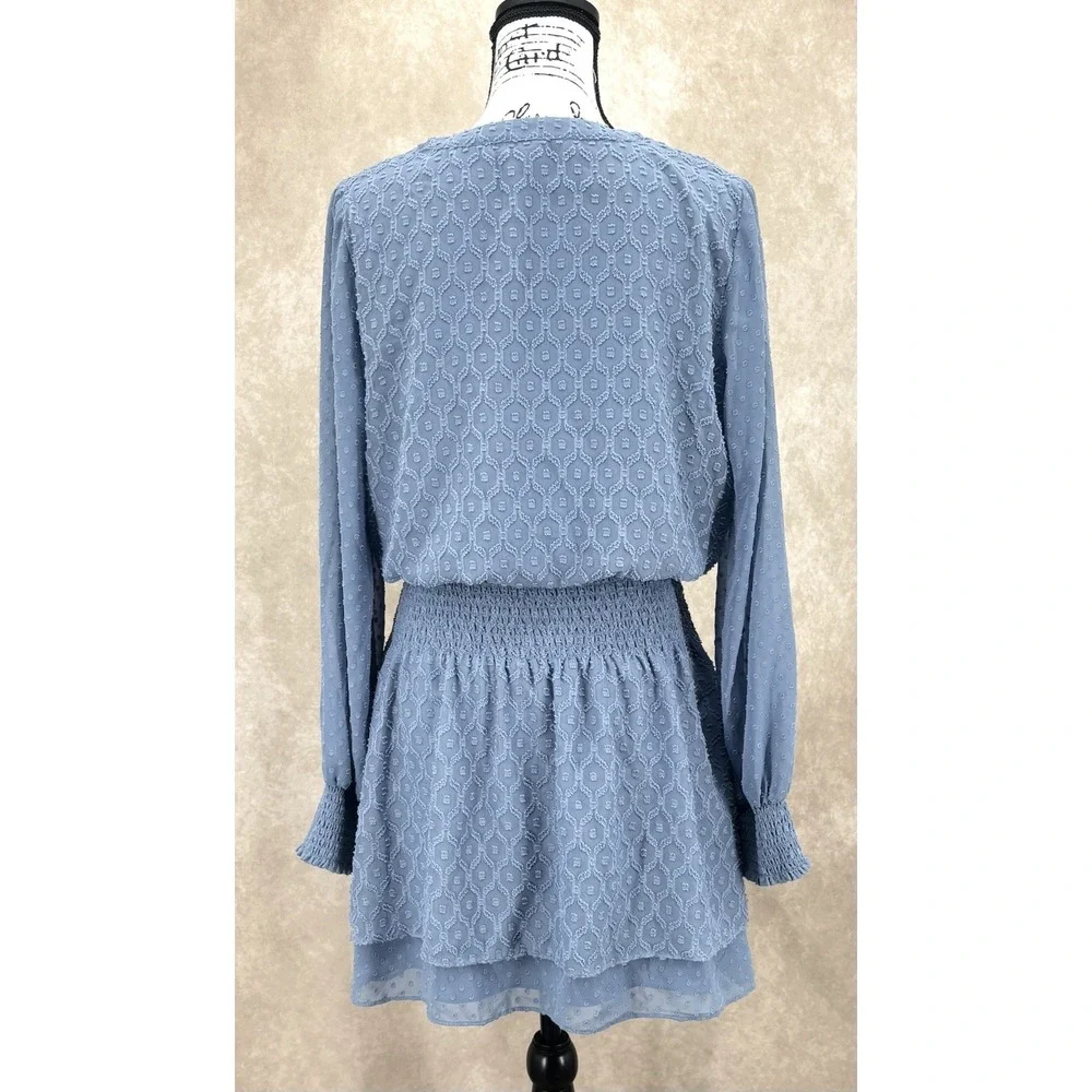 White House Black Market Mini‎ Dress Size Medium Smocked Waist Swiss Dot Blue